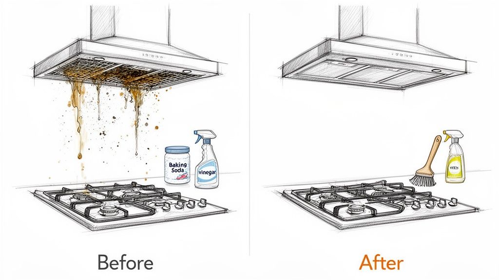 Illustration showing a greasy kitchen range hood and stove before and after cleaning.