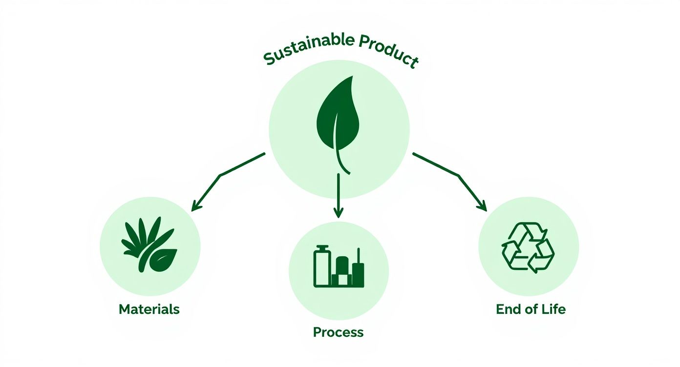 A diagram illustrating a sustainable product, branching into materials, process, and end of life.