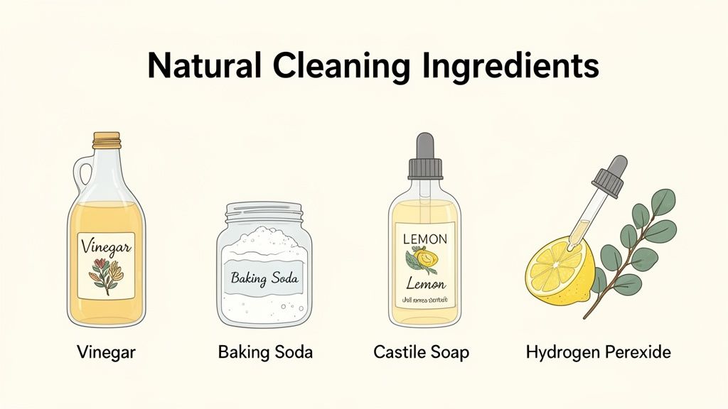 Illustration of natural cleaning ingredients: vinegar, baking soda, castile soap, and hydrogen peroxide.
