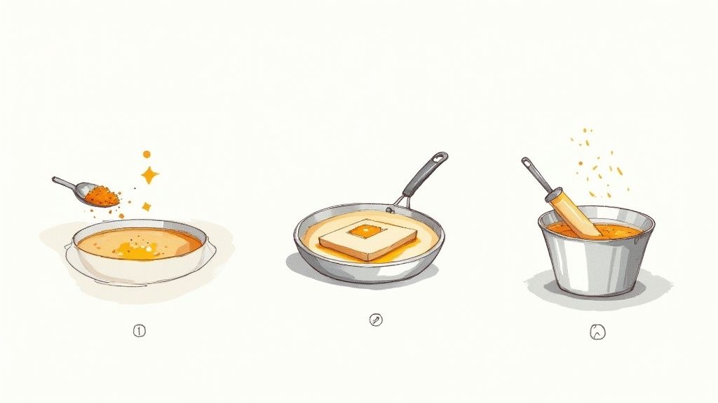 Illustration of three cooking stages: adding seasoning, frying bread, and blending ingredients.