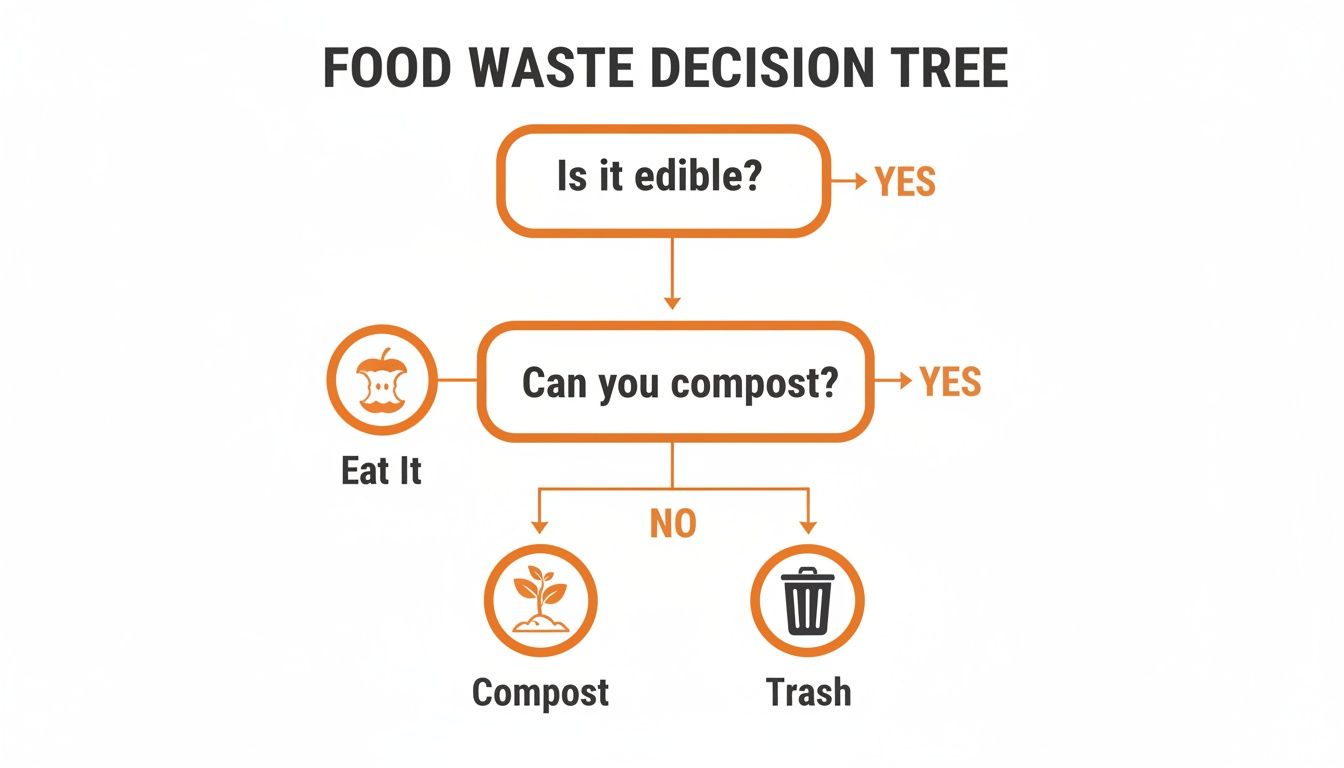 A flowchart titled 'Food Waste Decision Tree' showing steps to decide on food disposal.