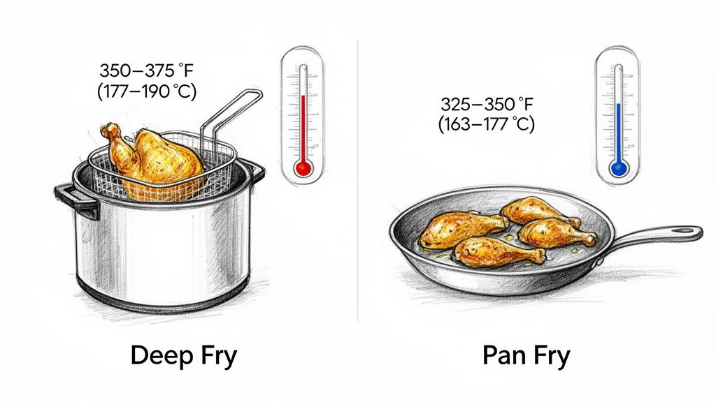 Illustration comparing deep frying and pan frying chicken with their respective temperature ranges.