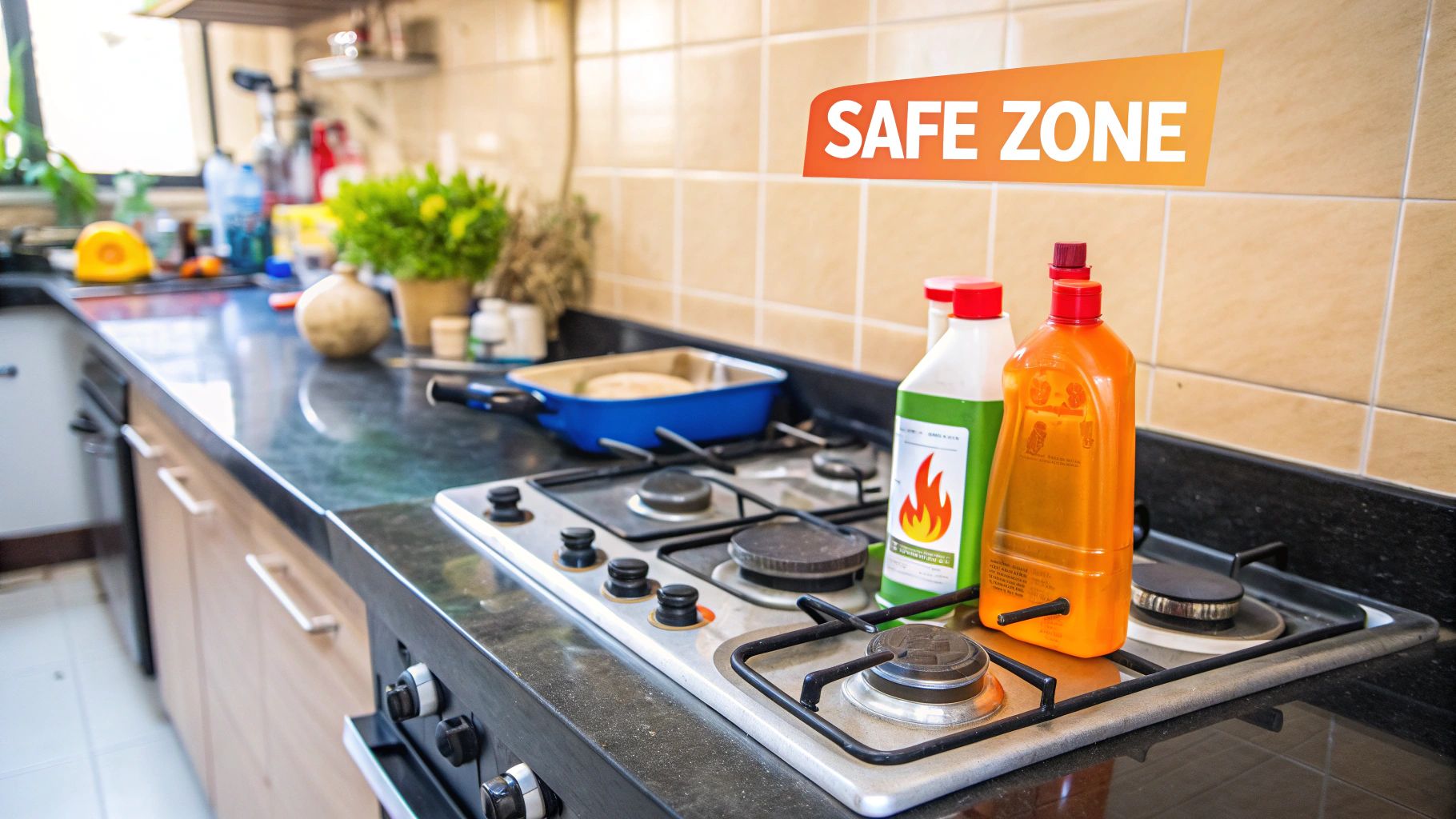 A clean, modern kitchen stovetop with clear countertops, representing a fire-safe cooking area.