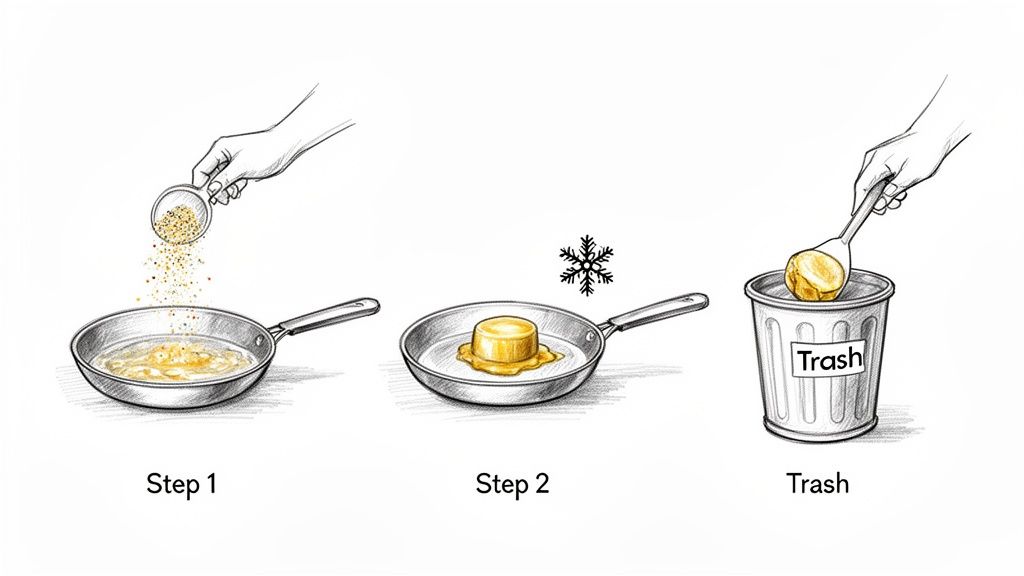 A three-step illustration showing food being prepared in a pan, frozen, and then discarded into a trash can.