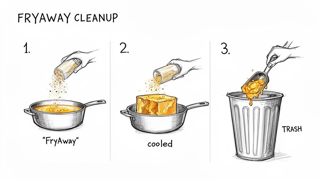 Three steps for FryAway cleanup: powder poured into hot oil, cooled solidified oil block, then scooped into trash.