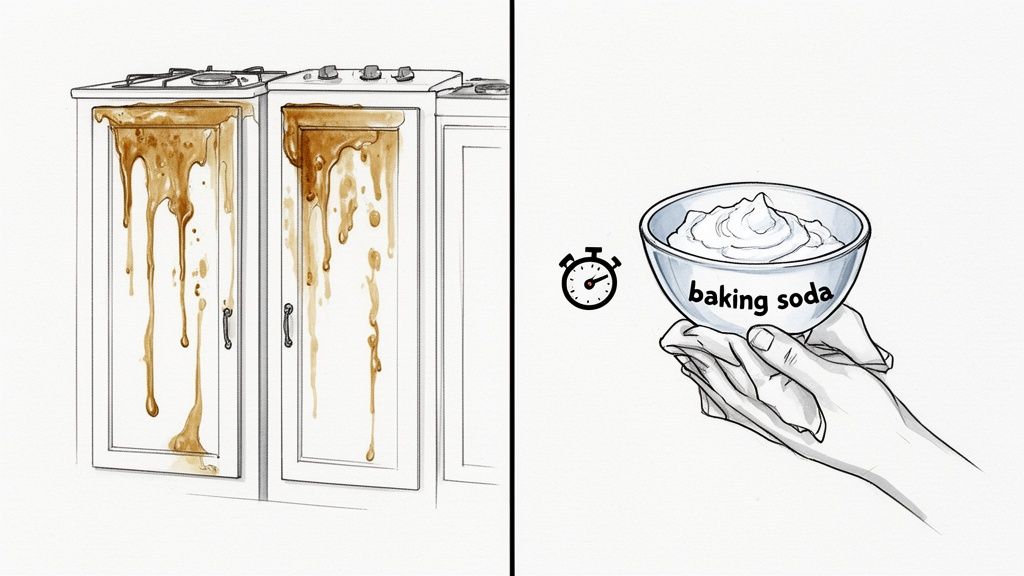Dirty kitchen cabinets covered in brown grime, with a hand holding a bowl of baking soda and a timer.