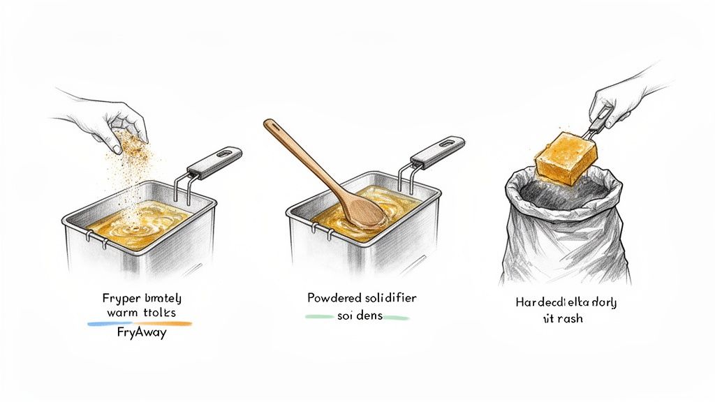 Illustrates three steps for solidifying cooking oil: adding powder, stirring, and disposing of a solid block.