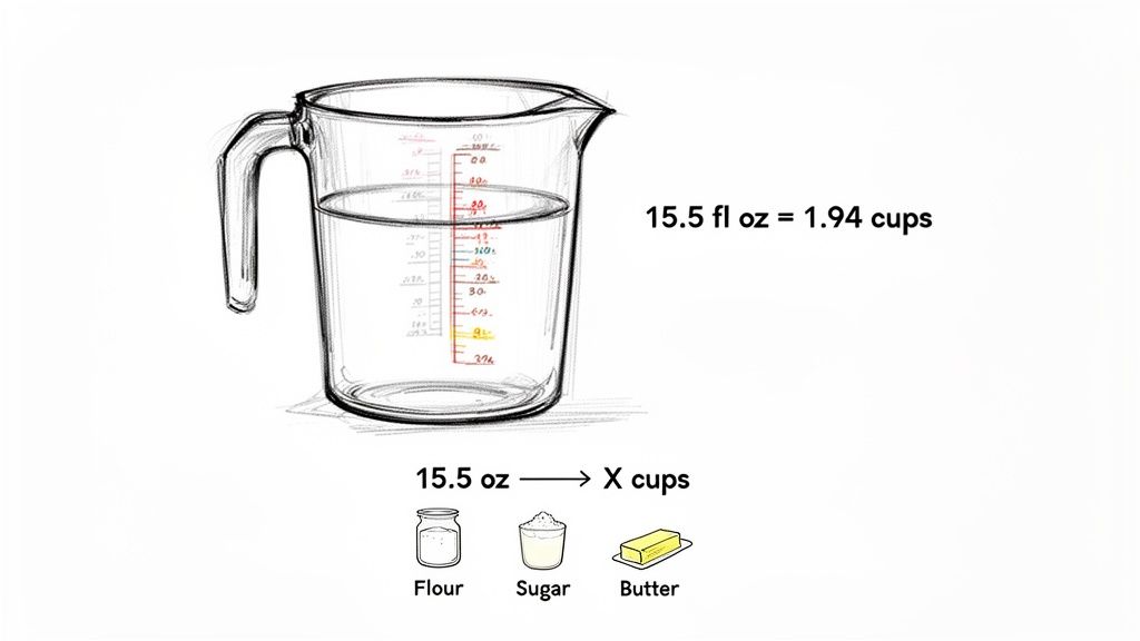 A measuring cup illustration with 15.5 fl oz converted to cups, and a conversion problem for 15.5 oz of ingredients.