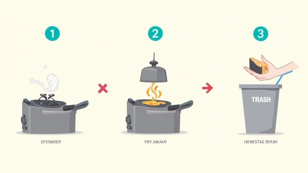 Illustration showing a deep fryer in use and a hand disposing of used oil into a trash can.