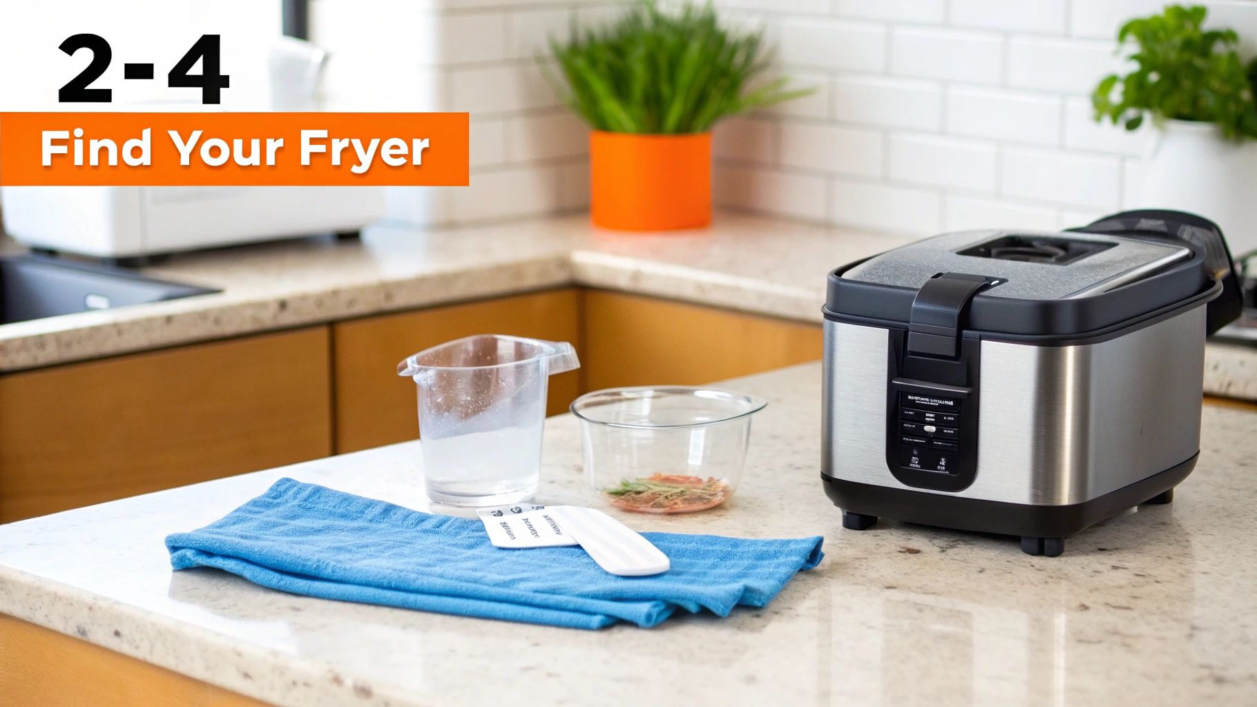 A person using a deep fryer to cook crispy french fries in a modern kitchen.