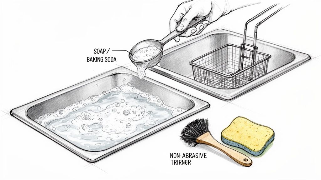 Illustration demonstrating how to clean a deep fryer using soap, baking soda, water, a brush, and a sponge.