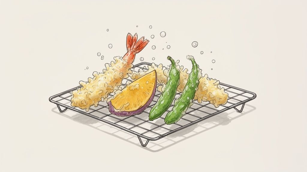 A vibrant illustration of golden tempura shrimp, sweet potato, and green beans on a wire rack.