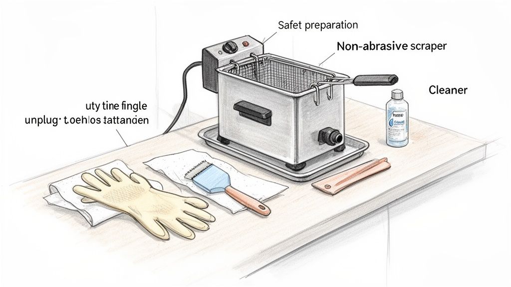 Illustration showing a deep fryer on a counter with various cleaning supplies including gloves, a scraper, a brush, and a cleaner bottle.