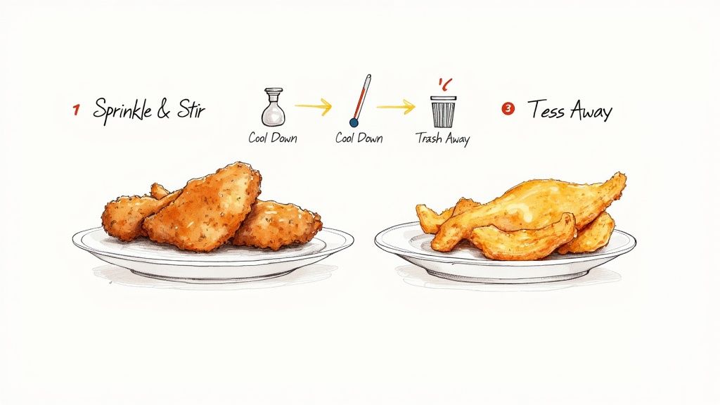 A plate of perfectly fried chicken next to a skillet.