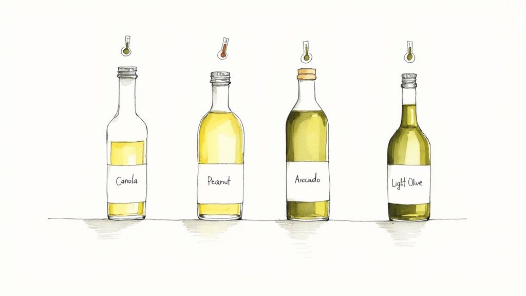 Illustration of four cooking oil bottles: Canola, Peanut, Avocado, and Light Olive, each with a thermometer.