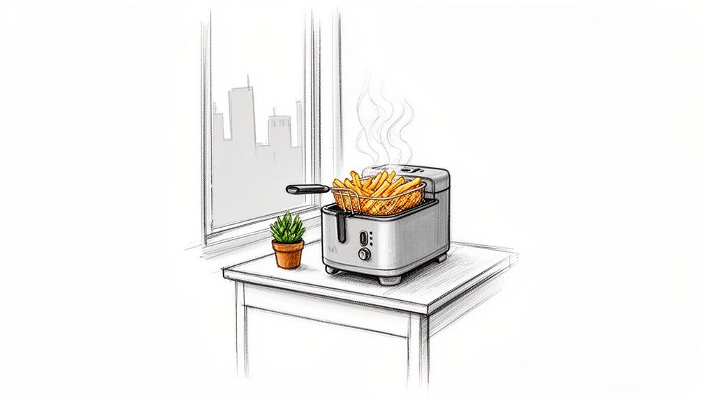 A sketch shows a small deep fryer with steaming french fries on a table next to a potted plant and window.