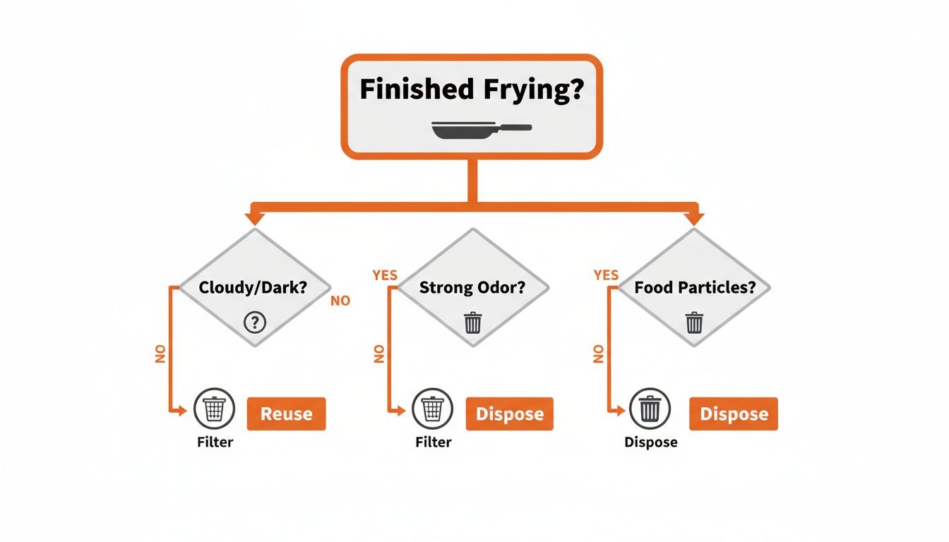 Flowchart explaining when to reuse, filter, or dispose of used frying oil.