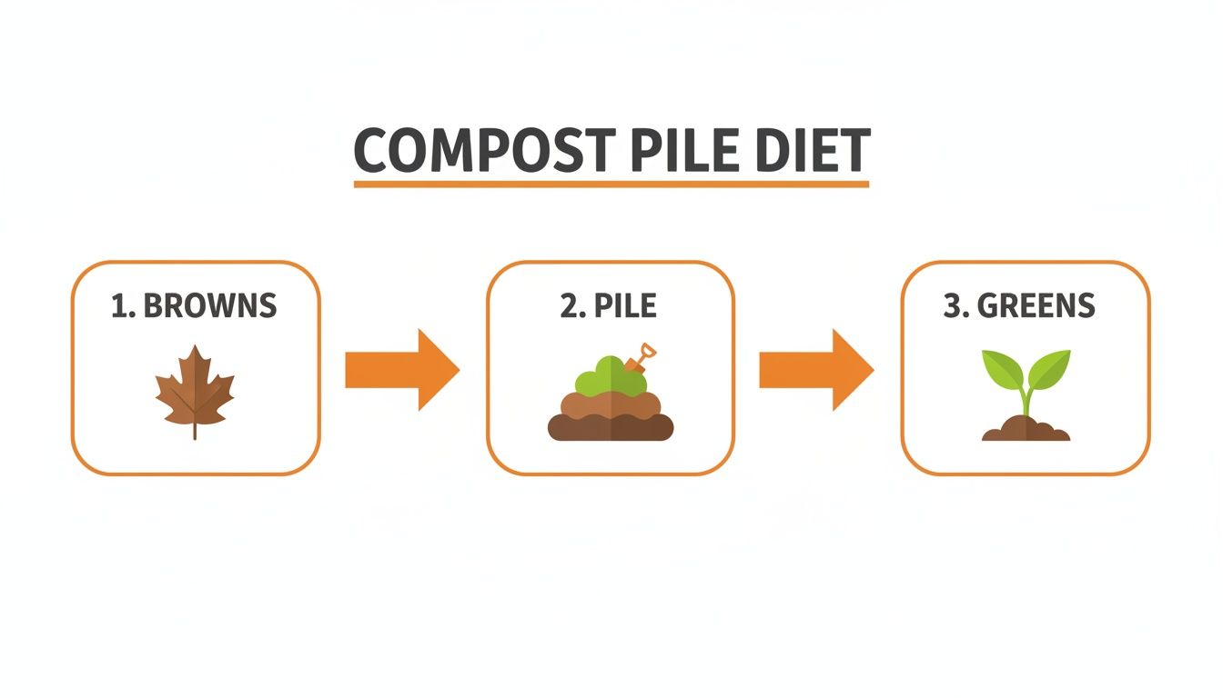 Diagram illustrates the compost pile diet process: starting with browns (leaves), forming a pile, and resulting in greens (seedlings).