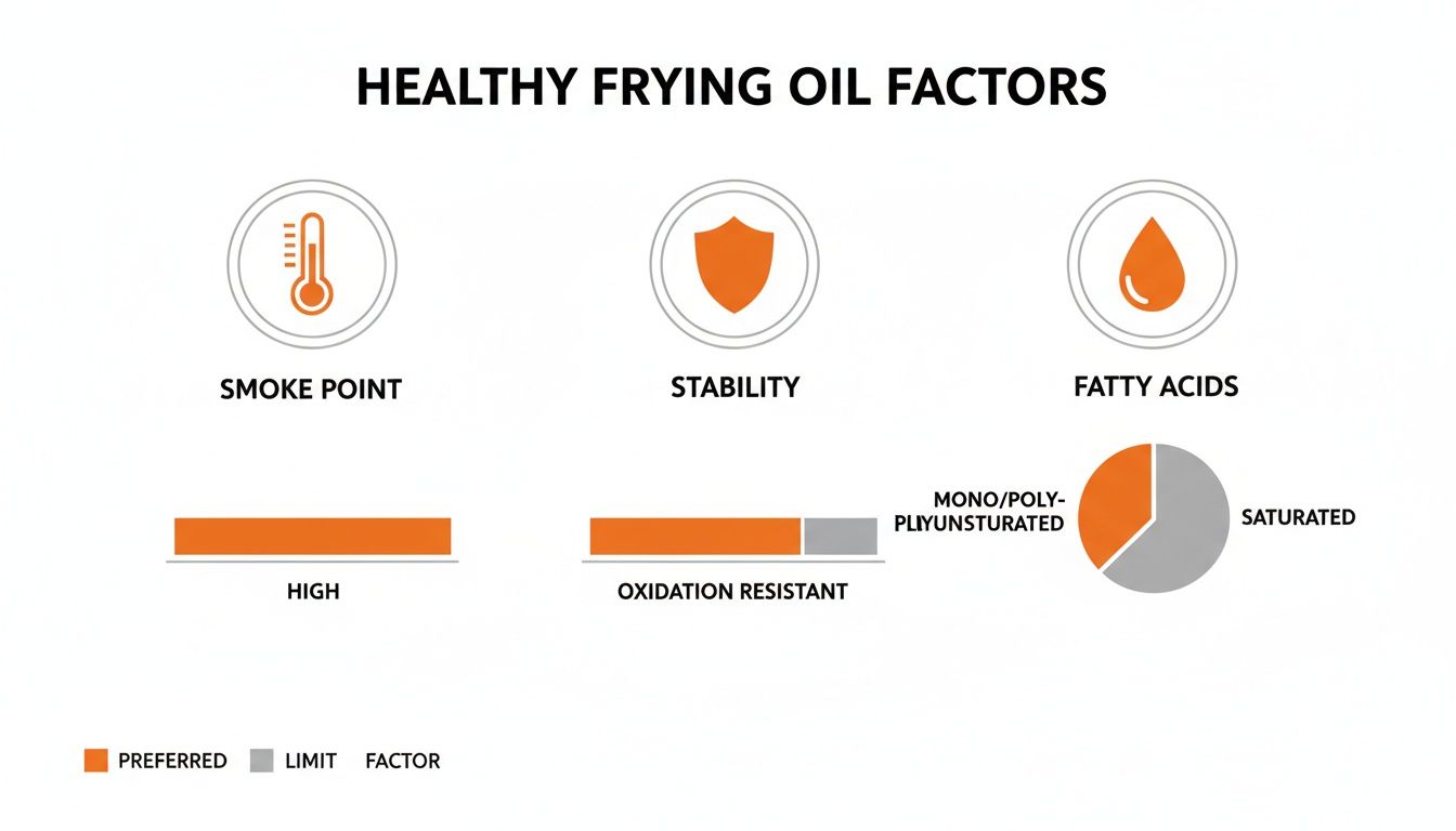 Infographic illustrating key factors for healthy frying oil: smoke point, stability, and fatty acid composition.