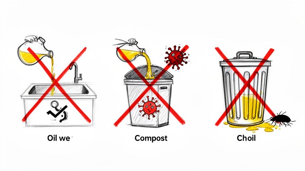 Three illustrations show incorrect methods of disposing of used cooking oil, highlighting negative environmental and health consequences.