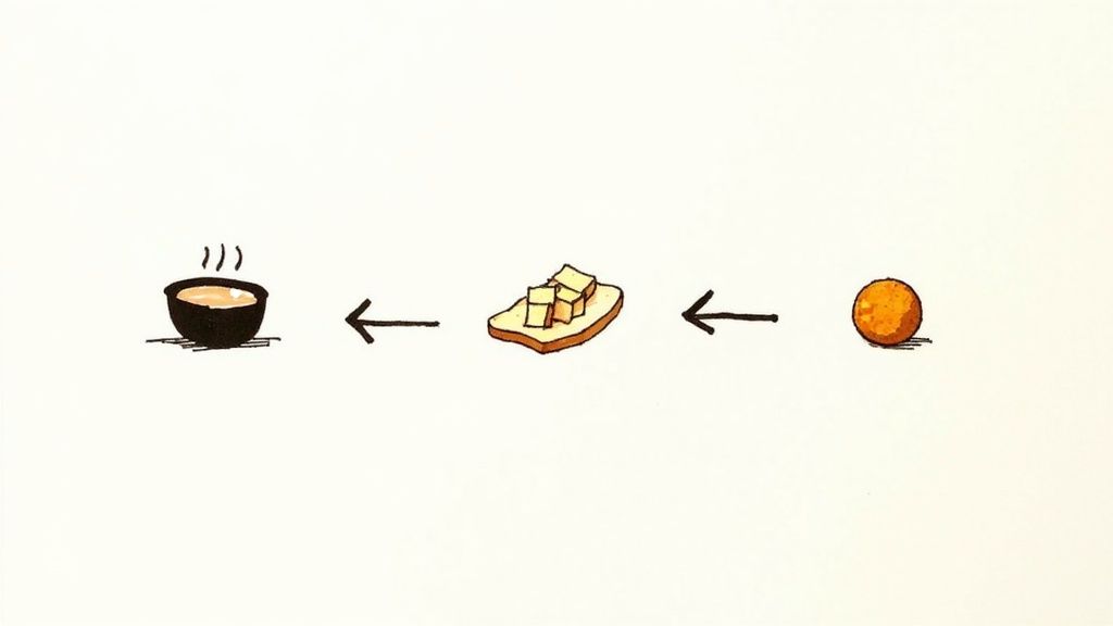 Illustrated food transformation, from an orange fruit, to bread with cubes, then hot soup.