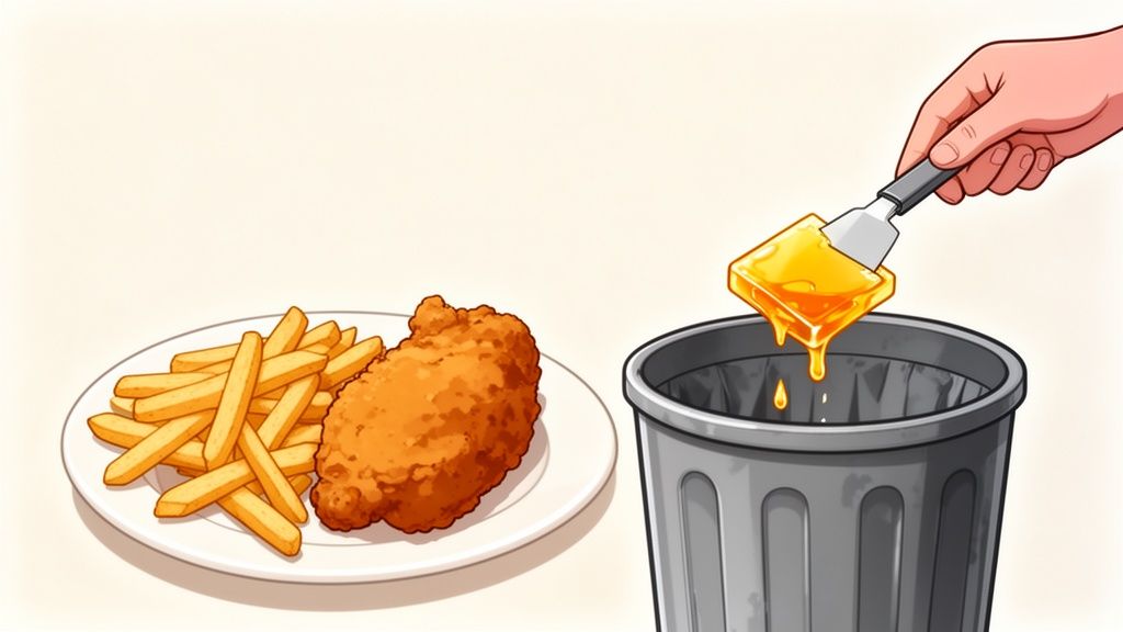 A hand uses a spatula to drop solidified cooking oil into a trash can, next to a plate of fried chicken and fries.