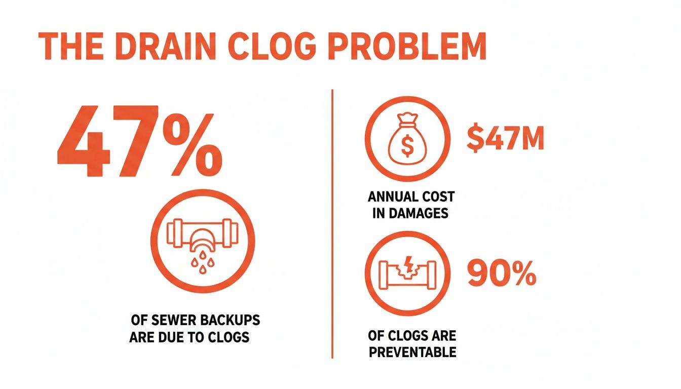 Infographic detailing the drain clog problem: 47% of sewer backups, $47M annual damages, 90% preventable.