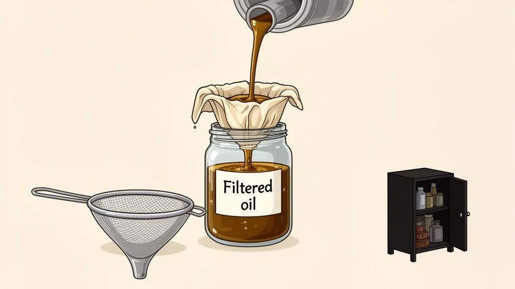 Oil being poured from a metal can through a cloth filter into a glass jar labeled "Filtered oil."
