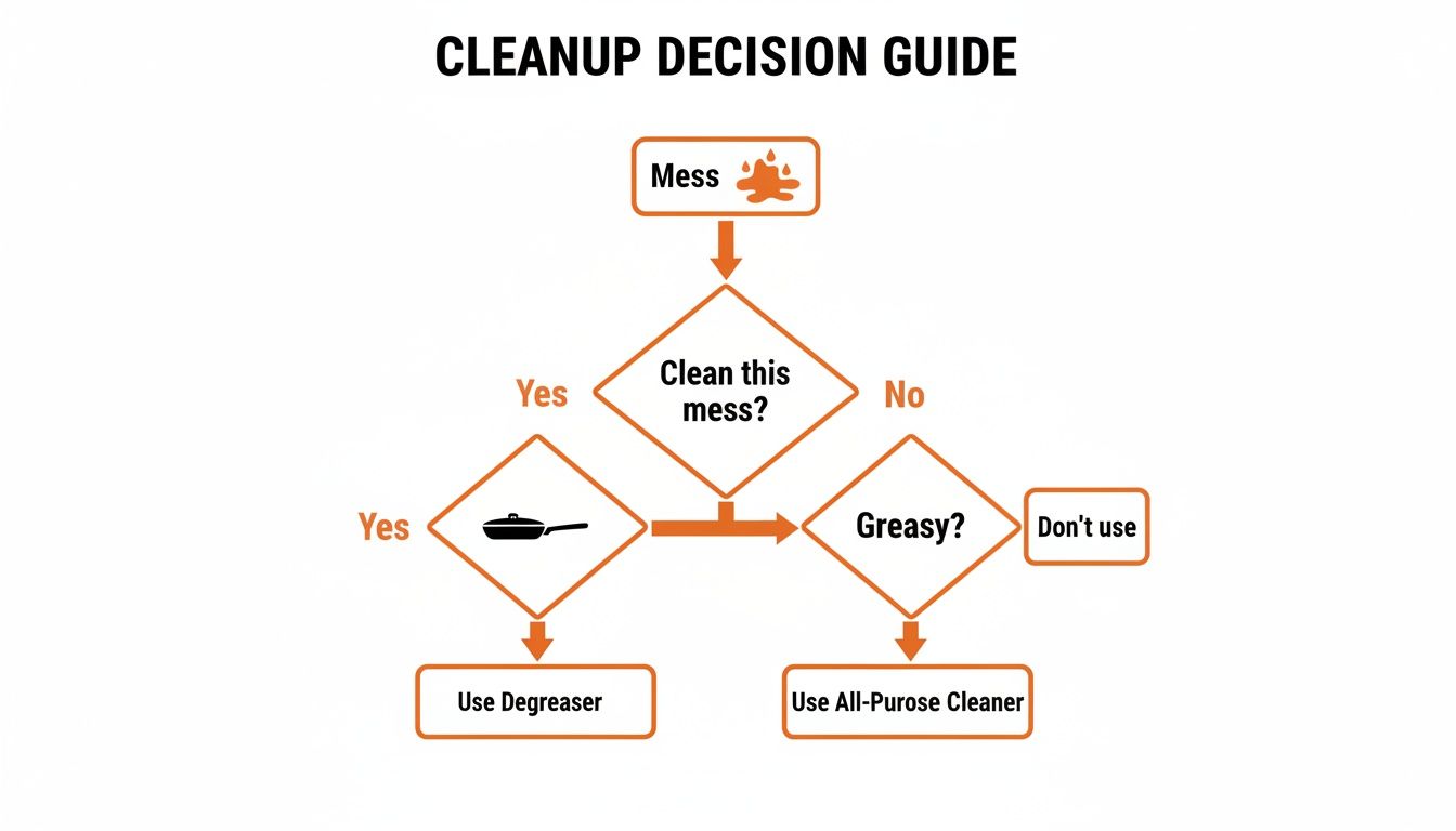 A cleanup decision guide flowchart helps determine if a mess is greasy and what cleaner to use.