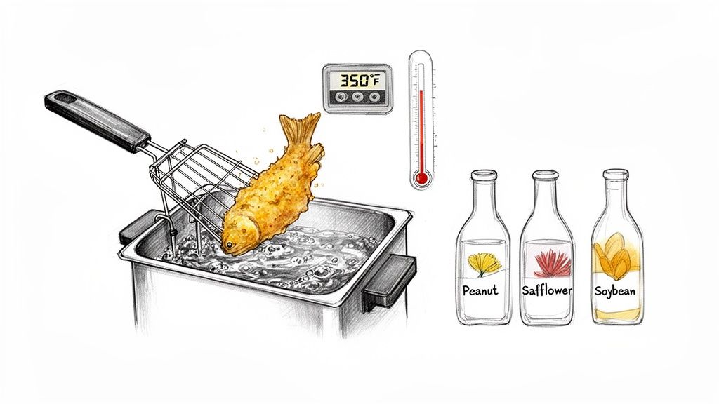 A fried fish being lifted from a deep fryer at 350°F, next to bottles of peanut, safflower, and soybean oil.
