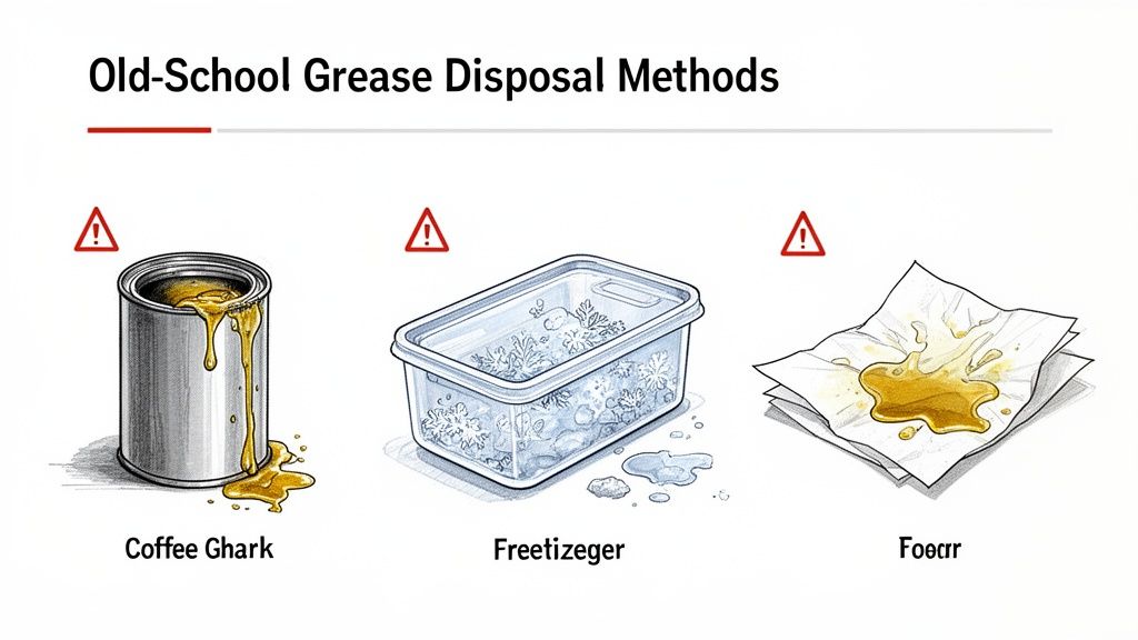 Three old-school grease disposal methods, including a can, a frozen container, and paper towels, all marked with warning signs.