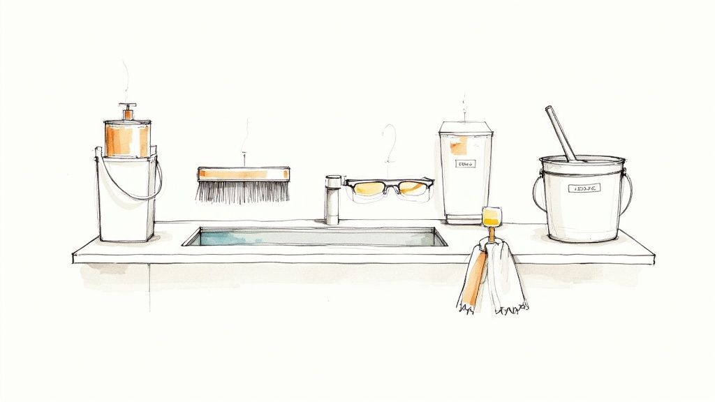 A collection of cleaning tools, including gloves, brushes, and scrapers, neatly arranged next to a commercial deep fryer.