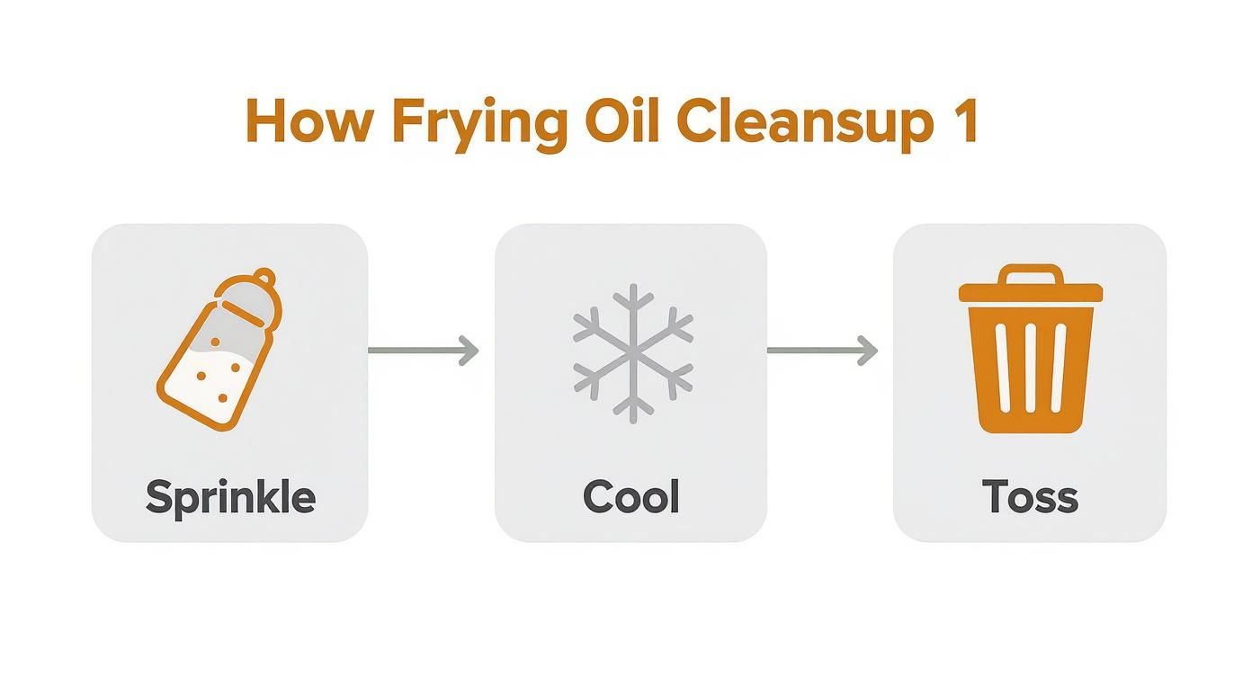 Infographic demonstrating the three-step FryAway process Sprinkle, Cool, and Toss.
