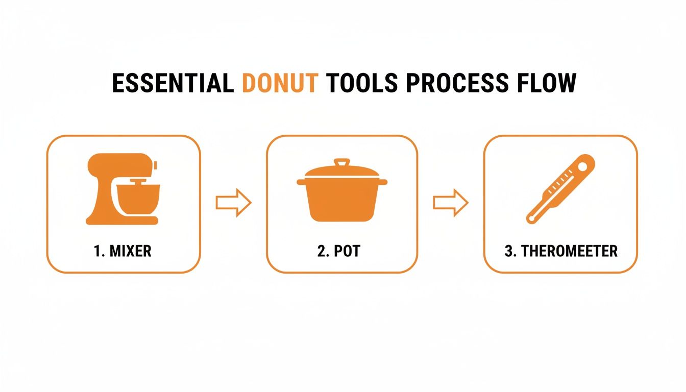 Process flow diagram showing essential donut tools: mixer, pot, and thermometer in sequence.