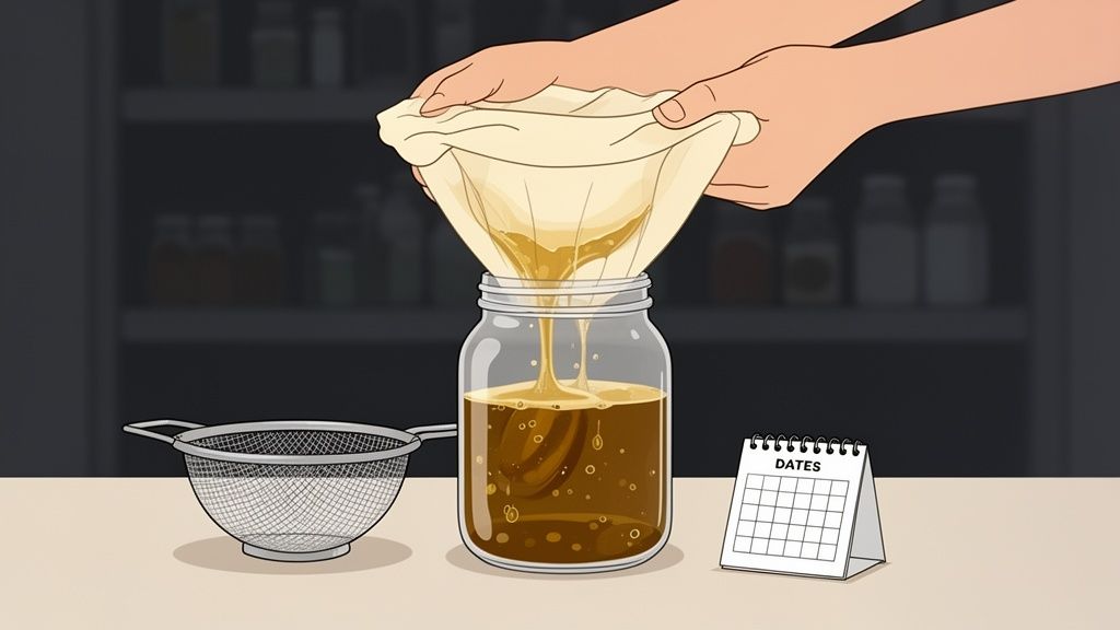 Hands filter amber liquid through a cloth into a glass jar on a table with a strainer and calendar.