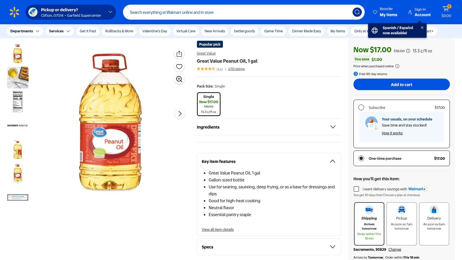 A large jug of Great Value Peanut Oil from Walmart, an excellent choice for frying donuts
