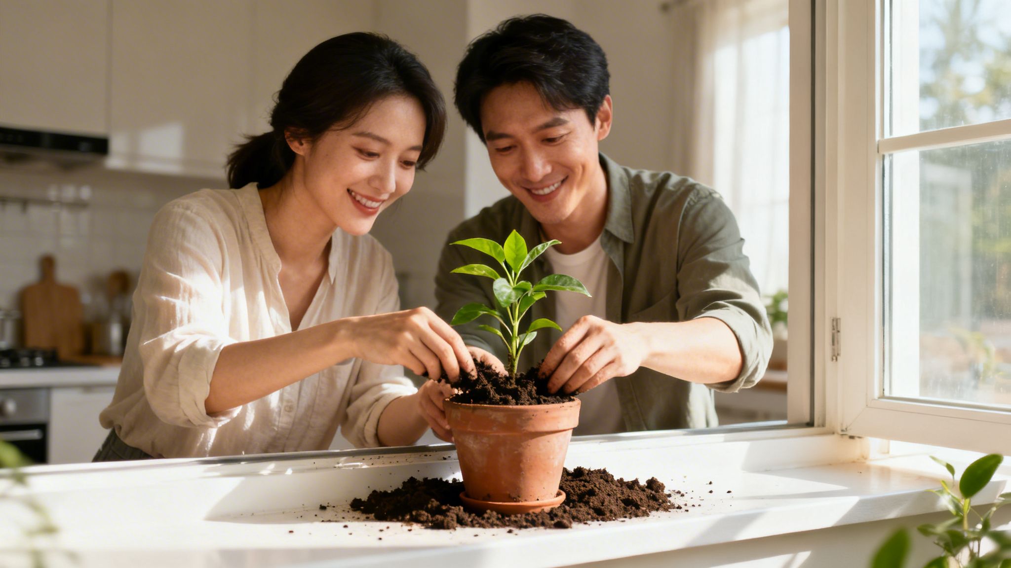 A smiling Asian couple collaboratively plants a small green sapling in a pot, surrounded by soil.