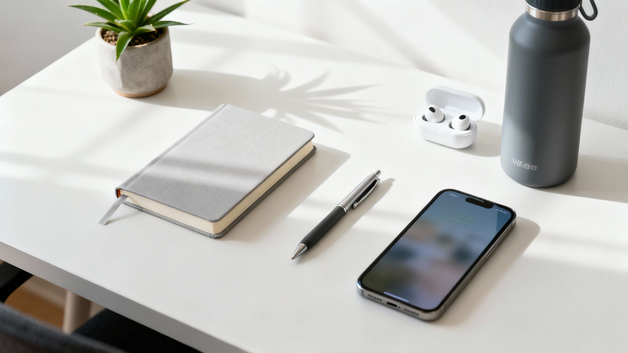 A minimalist workspace with a notebook, pen, smartphone, wireless earbuds, a plant, and a water bottle on a white desk.
