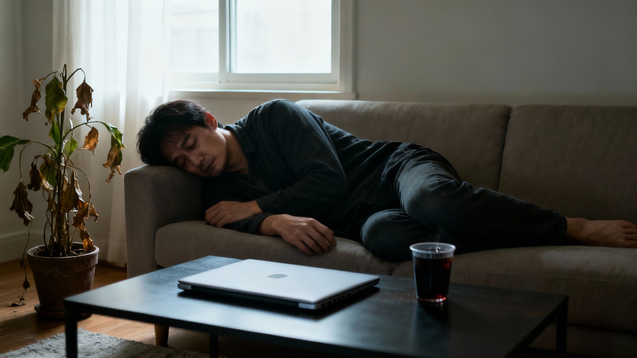 A tired man sleeps on a sofa next to a dead plant, laptop, and drink.