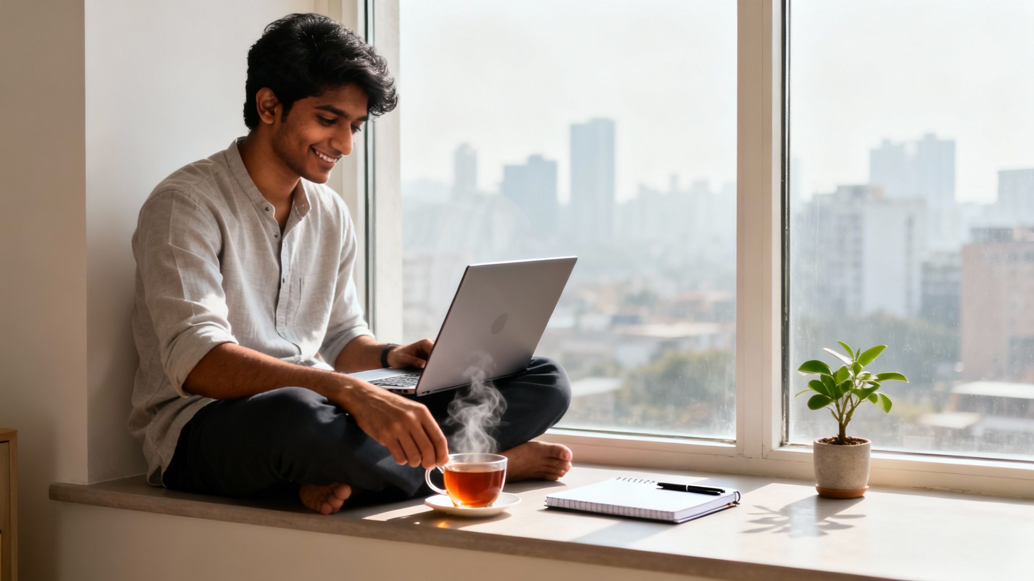 Smiling young Indian man using laptop by a bright window, enjoying tea.