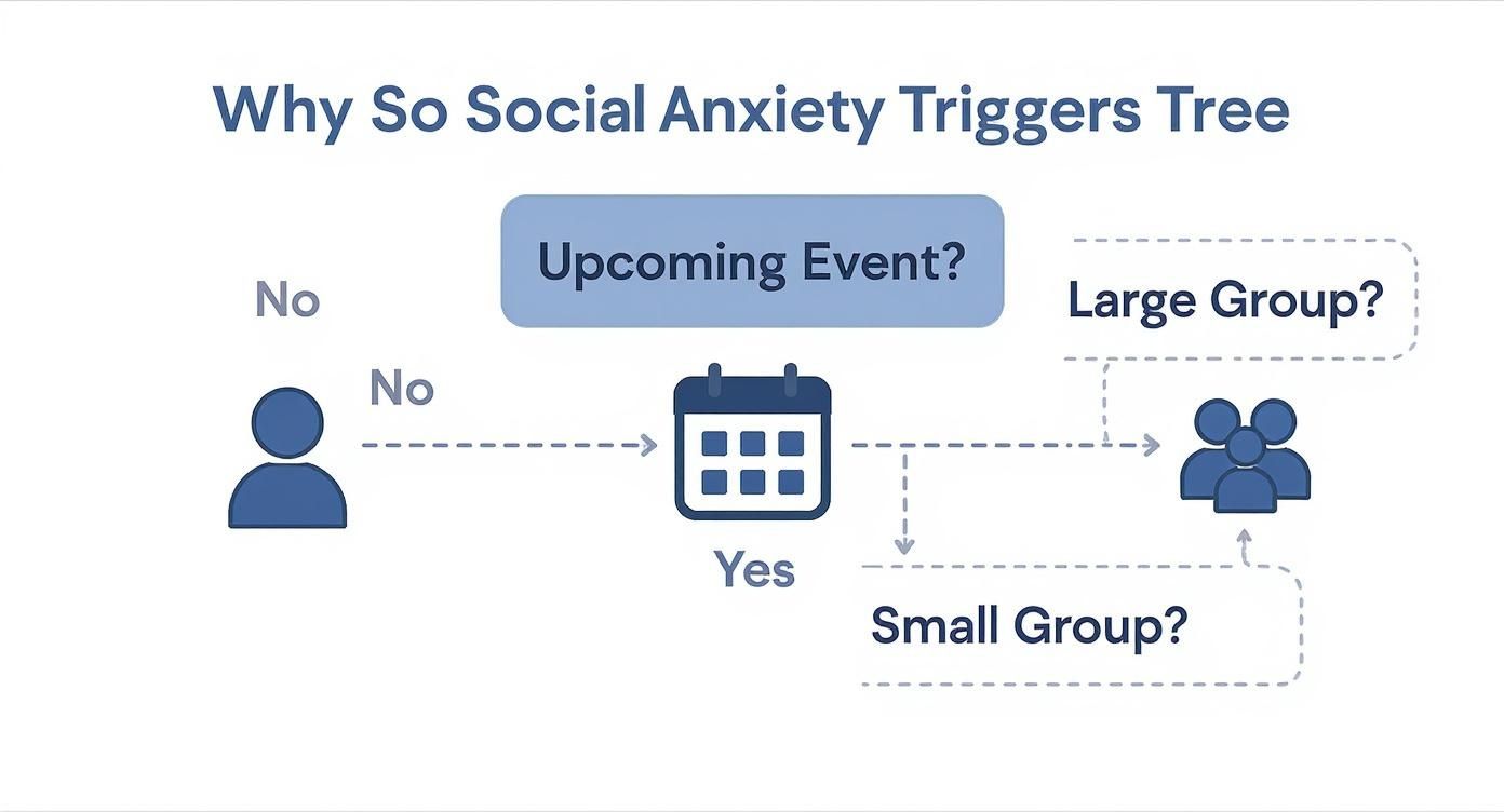 Infographic showing a decision tree for social anxiety triggers, starting with 'Upcoming Event?' and branching into large vs. small groups.