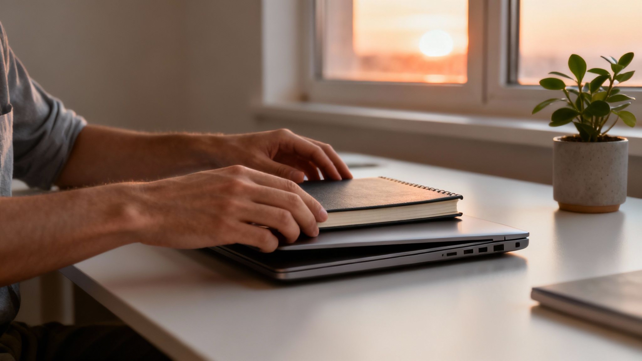 A person's hands are placing a spiral notebook on a closed laptop on a desk at sunset.