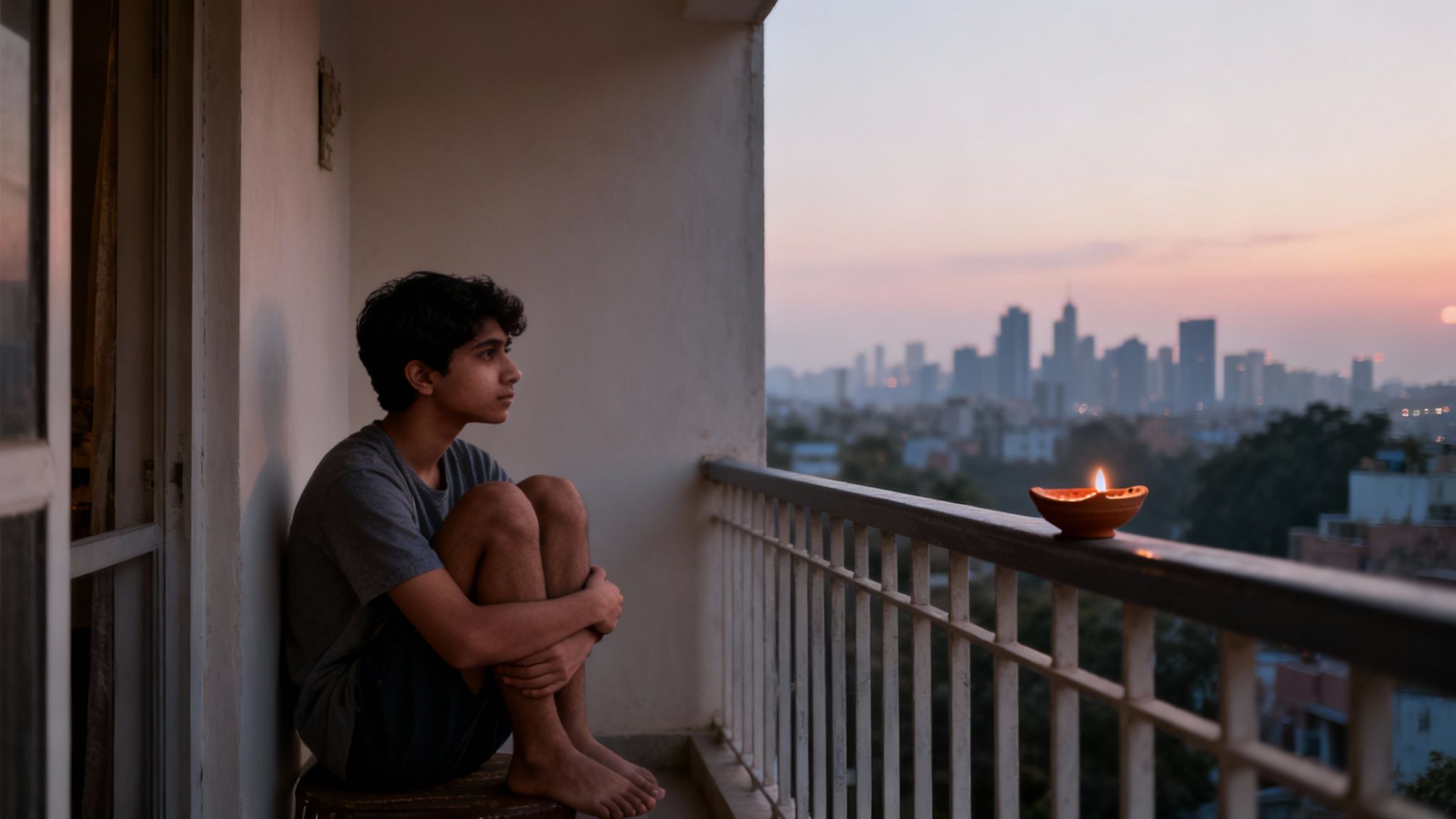 A young man sits pensively on a balcony, looking at a city sunset with a lit oil lamp.