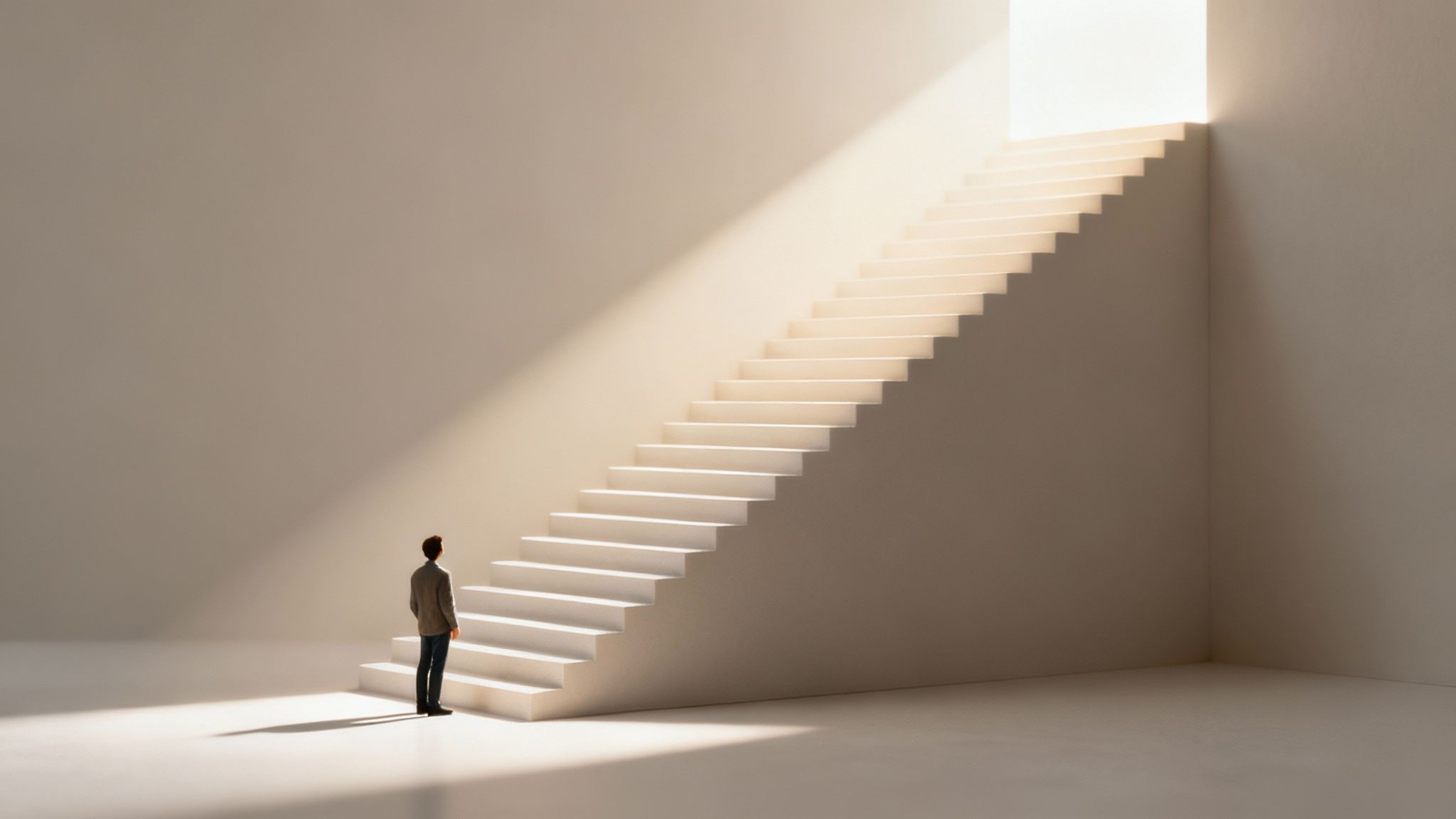 A person stands at the base of a long, illuminated staircase, looking towards a bright opening.