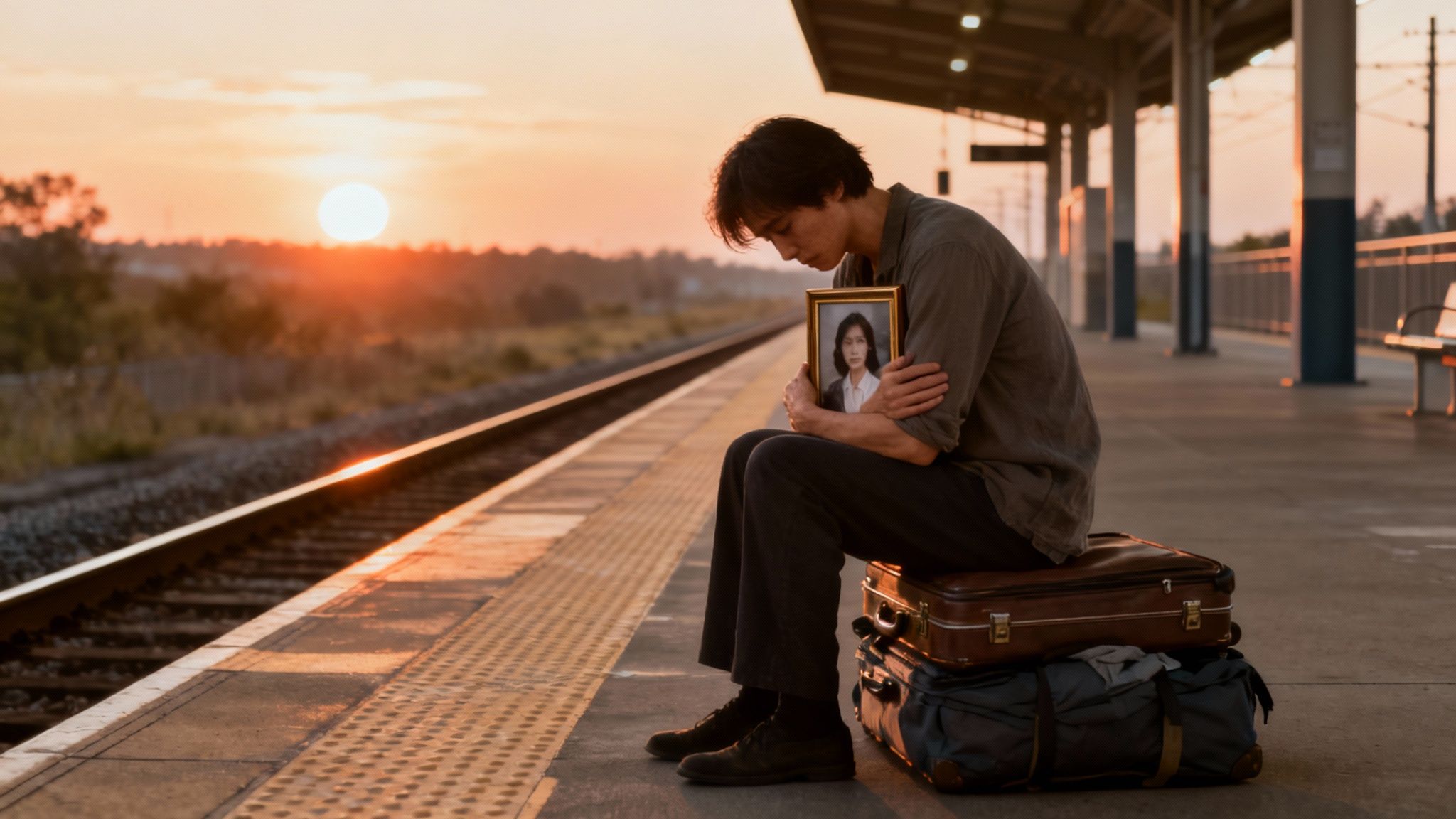 A person sitting on a packed suitcase, looking contemplative, symbolising a major life change or transition.