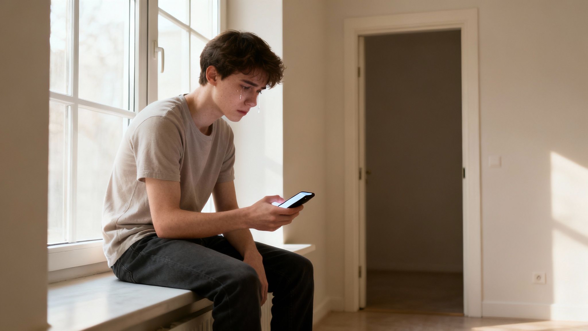 A person sitting alone, looking thoughtfully out a window.