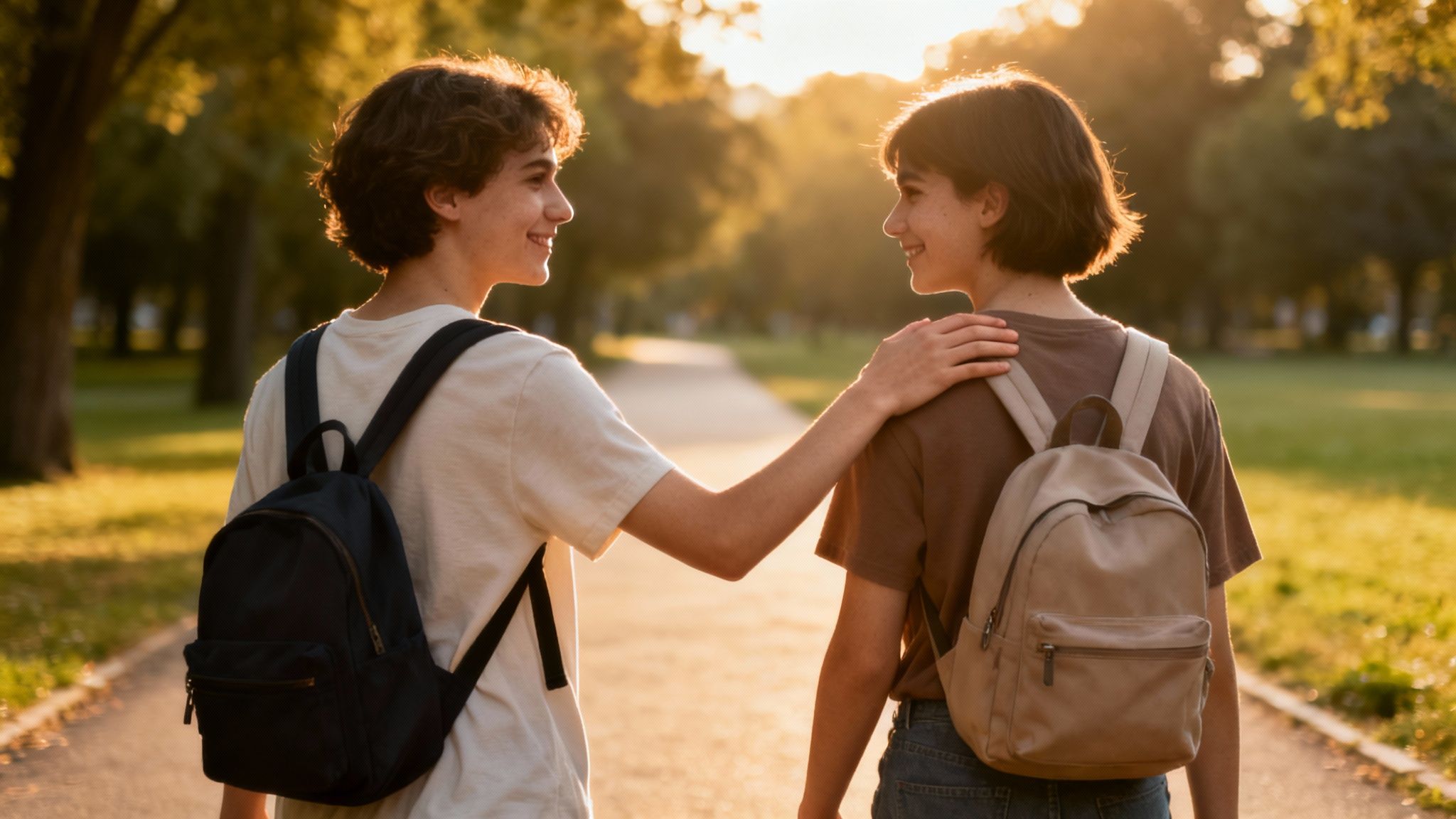 Two smiling friends walk in a sunny park at sunset, one with an arm around the other's shoulder, both wearing backpacks.