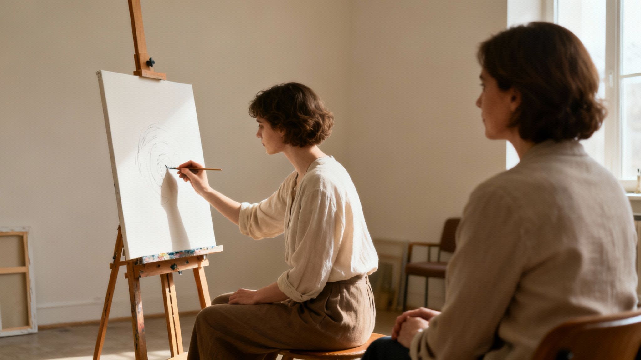 A young woman actively painting on a canvas placed on an easel in a well-lit studio.