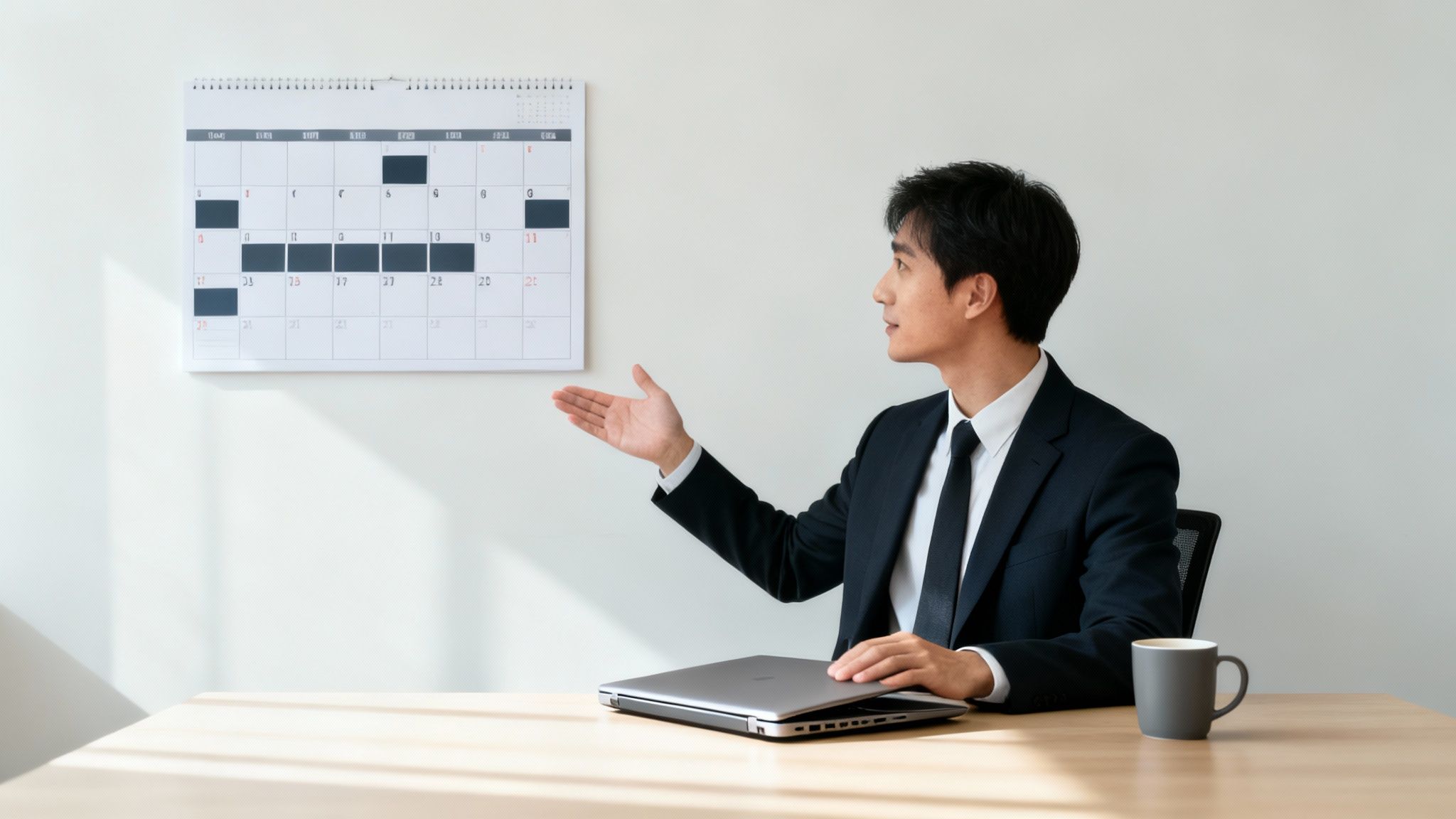 A businessman in a suit pointing at a wall calendar with marked dates, discussing a schedule.