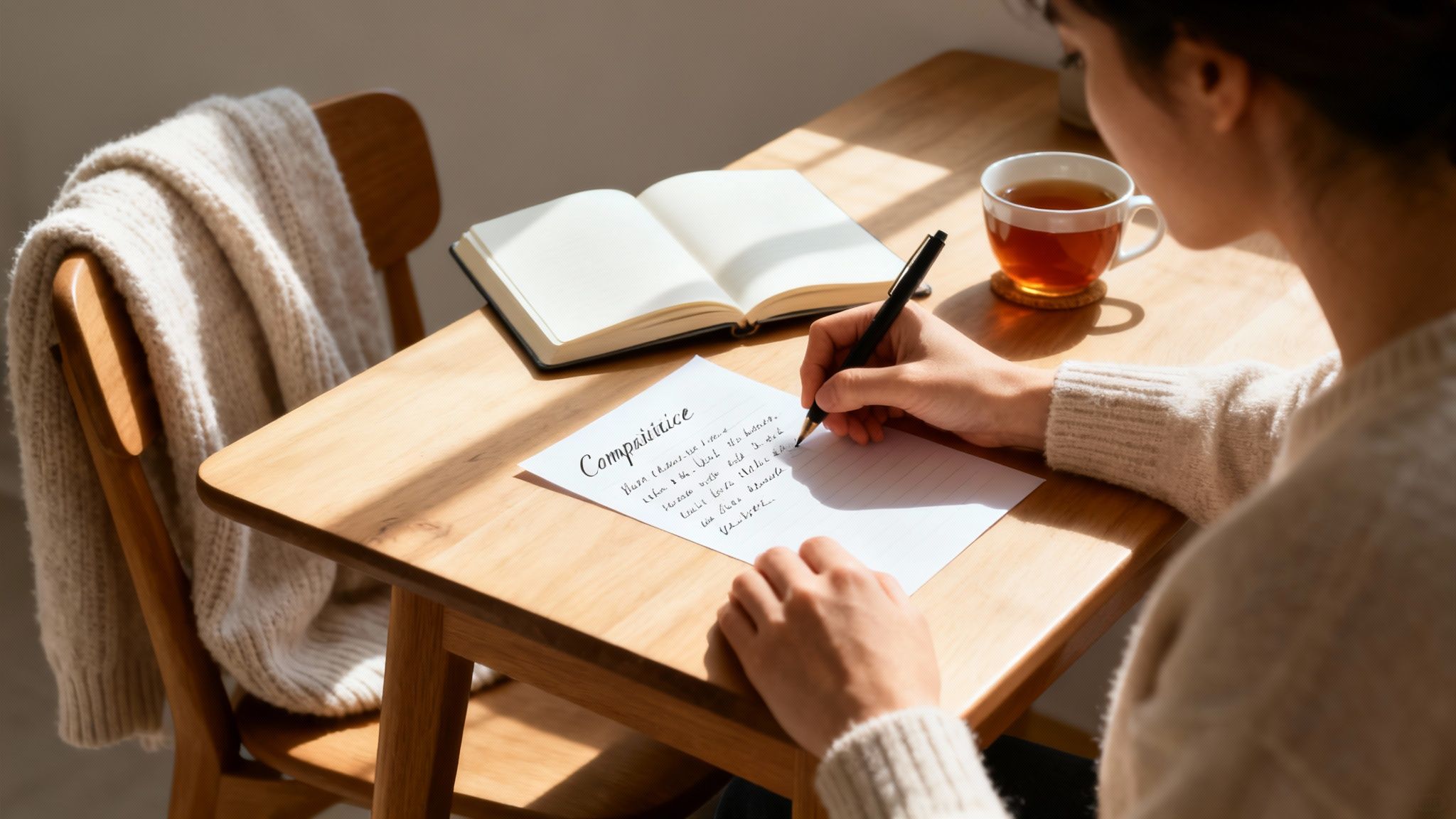 A person writes on a lined paper with a pen at a wooden desk with a notebook and tea.